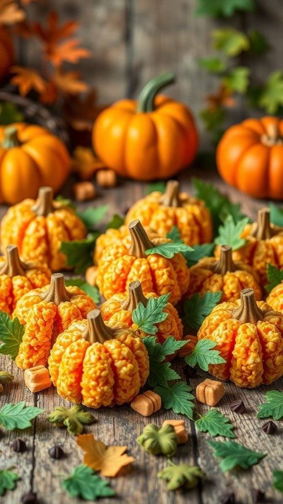 Pumpkin-shaped Rice Krispie treats decorated with leaves and chocolate stems, perfect for a Halloween party.
