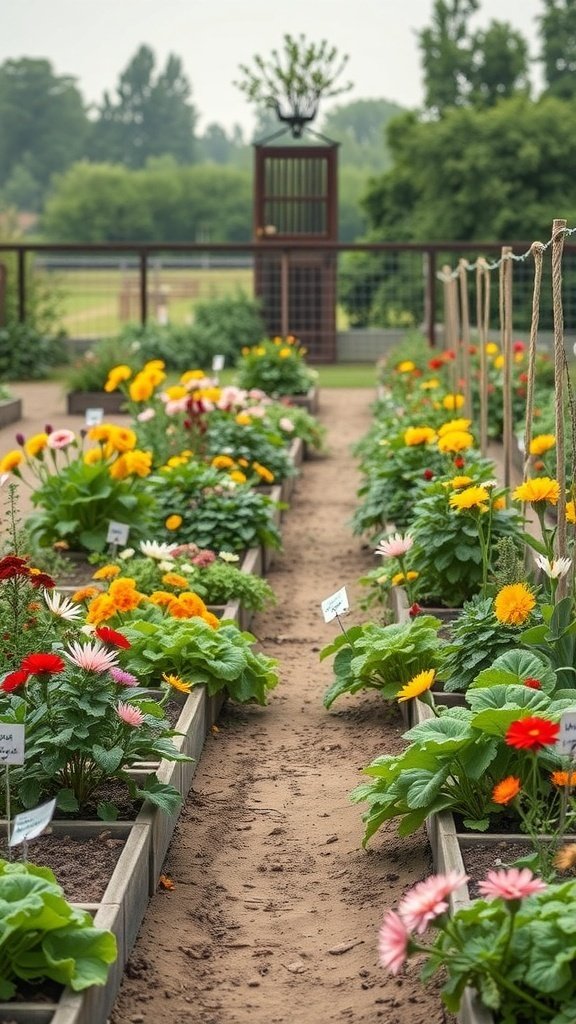 A colorful garden with flowers and vegetables, showcasing companion planting techniques.