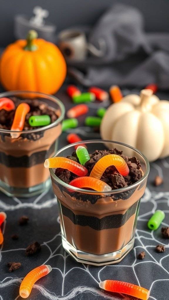 Gummy Worm Dirt Cups with chocolate pudding, crushed cookies, and gummy worms for Halloween.