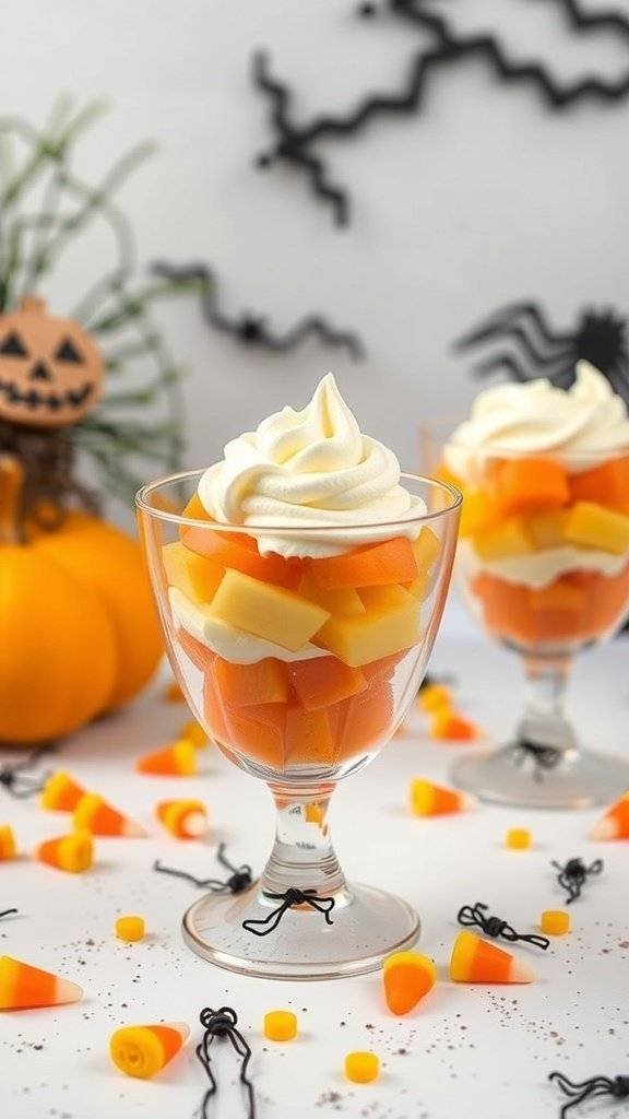 Colorful Candy Corn Fruit Cups with layers of fruit and whipped cream