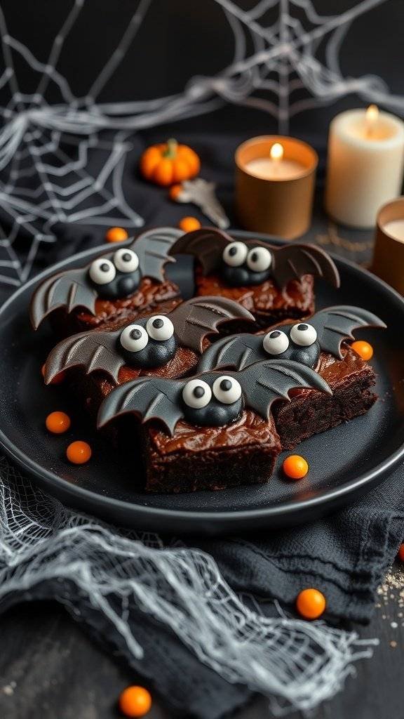A plate of bat brownies decorated with chocolate bat wings and googly eyes, surrounded by Halloween-themed decorations.