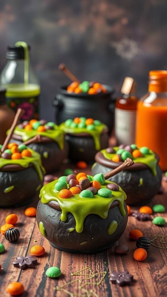 Mini cauldron cakes decorated with green icing and colorful candies for Halloween.