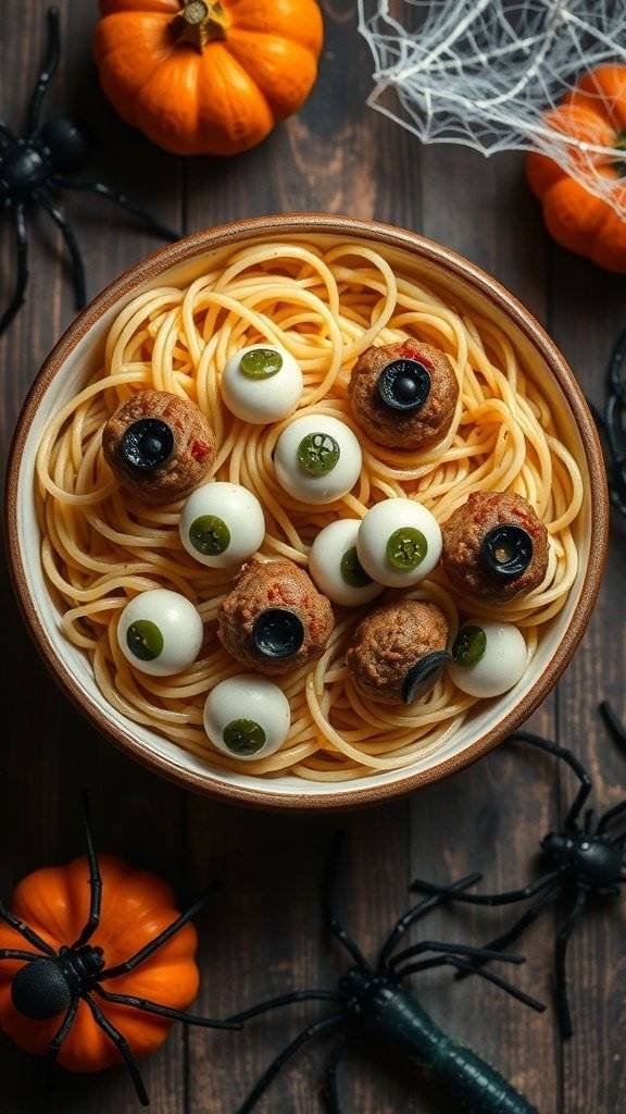 A bowl of spaghetti topped with meatballs resembling eyeballs, surrounded by Halloween decorations.