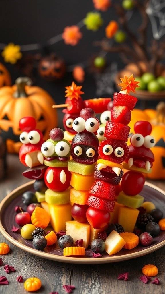 Colorful monster fruit kabobs made with strawberries, grapes, and melon, decorated with candy eyes.