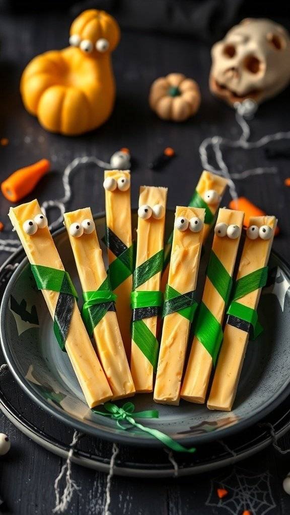 Plate of Zombie Cheese Sticks wrapped in green and black ribbons with googly eyes
