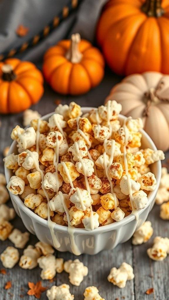 A bowl of pumpkin spice popcorn drizzled with white chocolate, surrounded by small pumpkins.