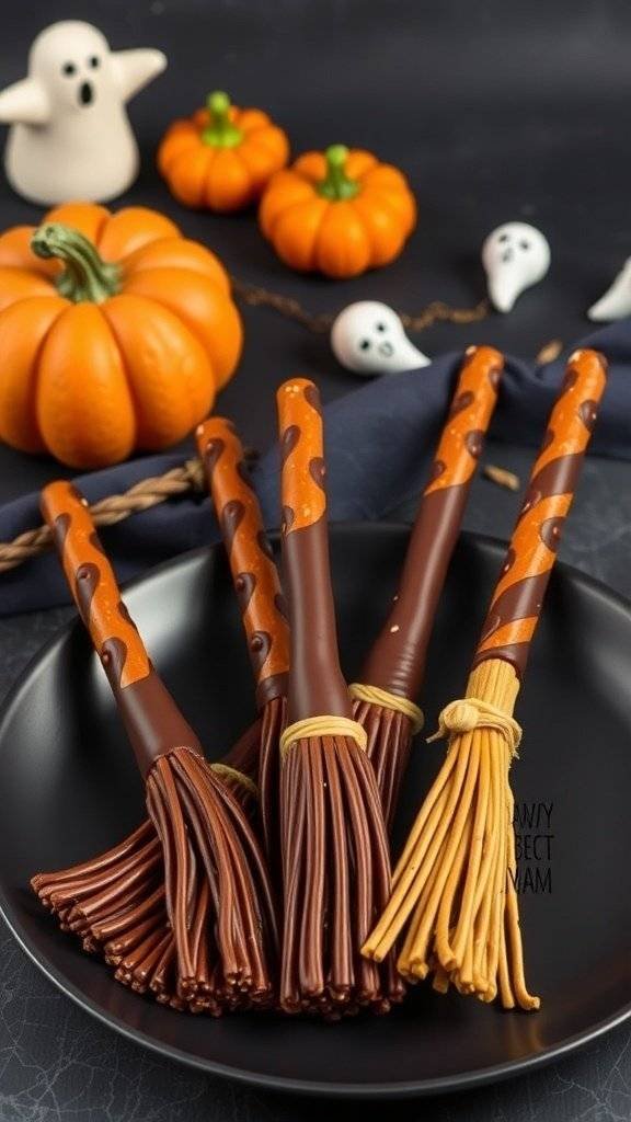 Chocolate dipped pretzel brooms decorated with colorful sprinkles, perfect for a Halloween party.