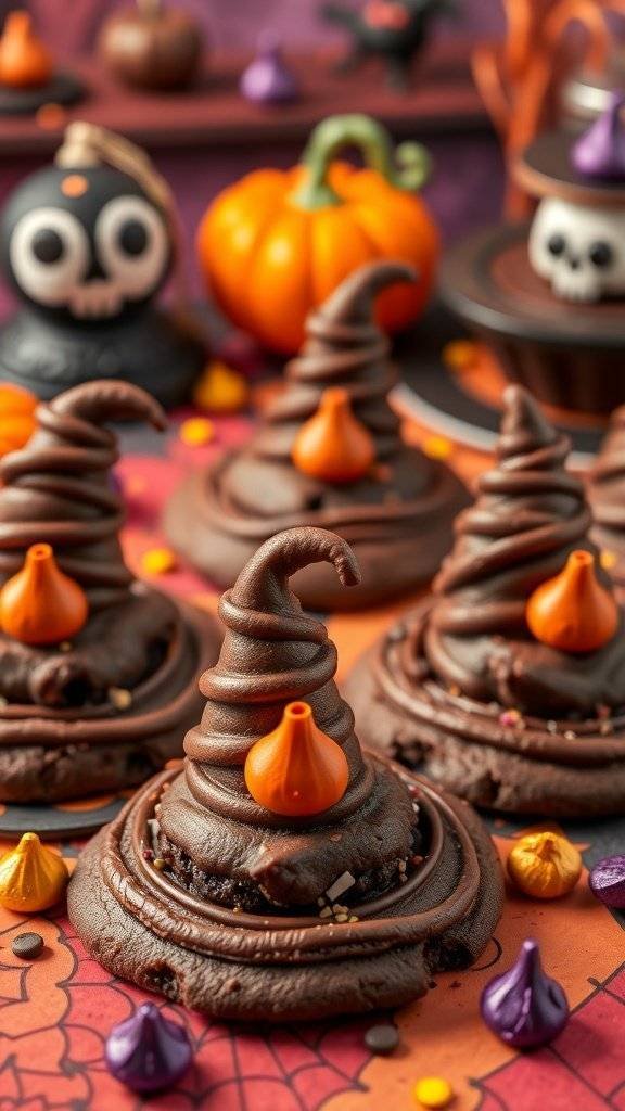 Witch Hat Cookies decorated with chocolate frosting and candy corn on a festive Halloween background.
