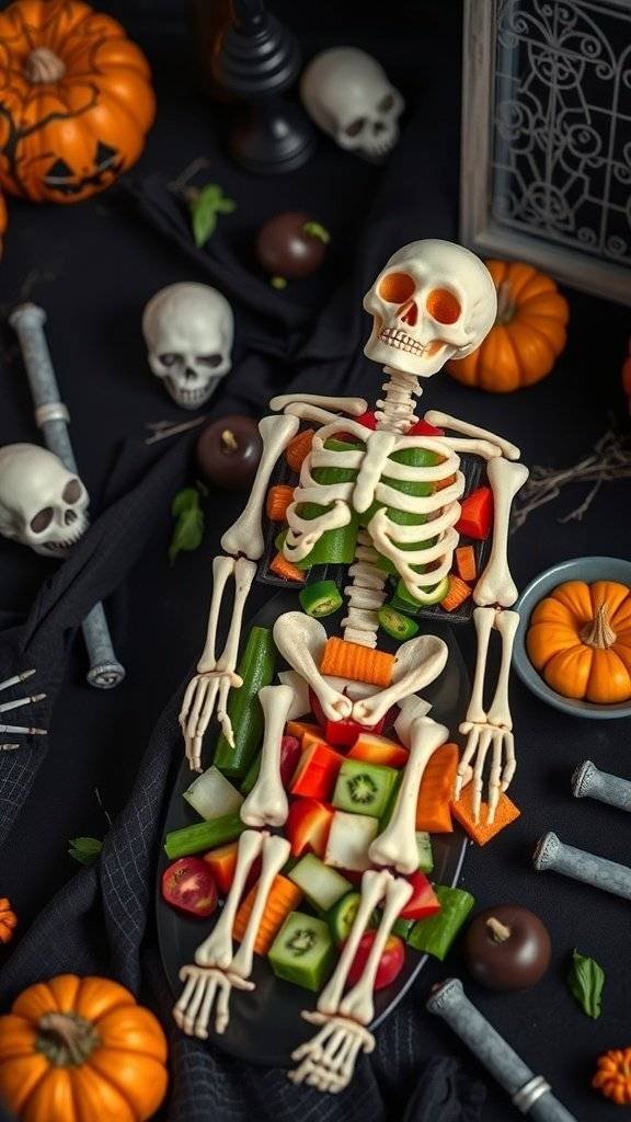 A skeleton veggie platter with colorful vegetables arranged to resemble a skeleton, surrounded by Halloween decorations.
