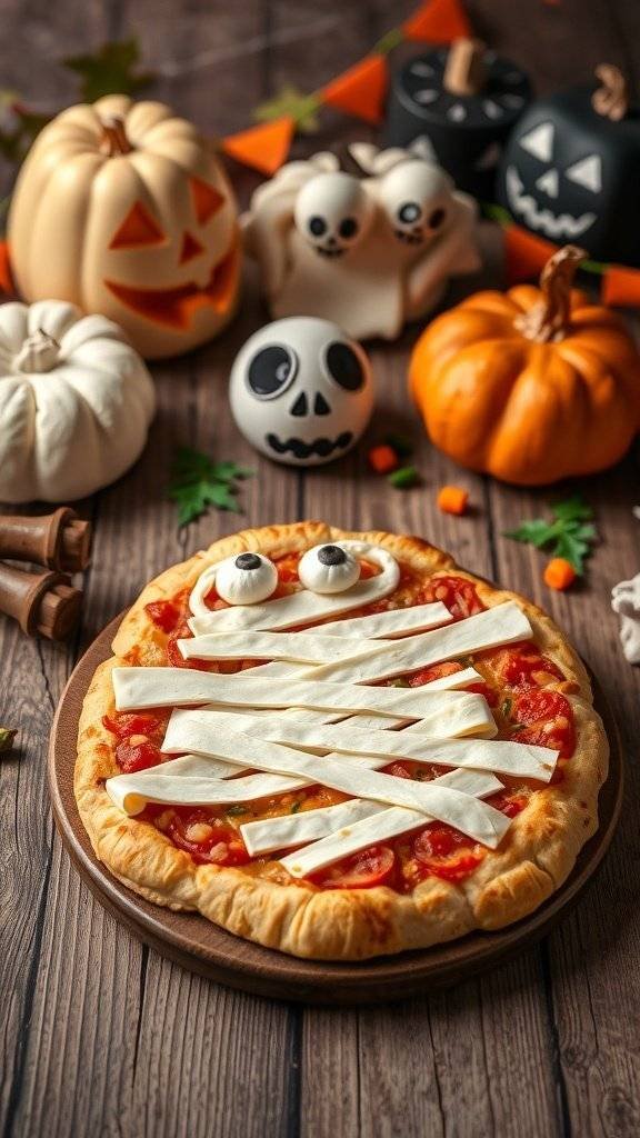 A spooky mummy pizza surrounded by Halloween decorations like pumpkins and ghost figures.