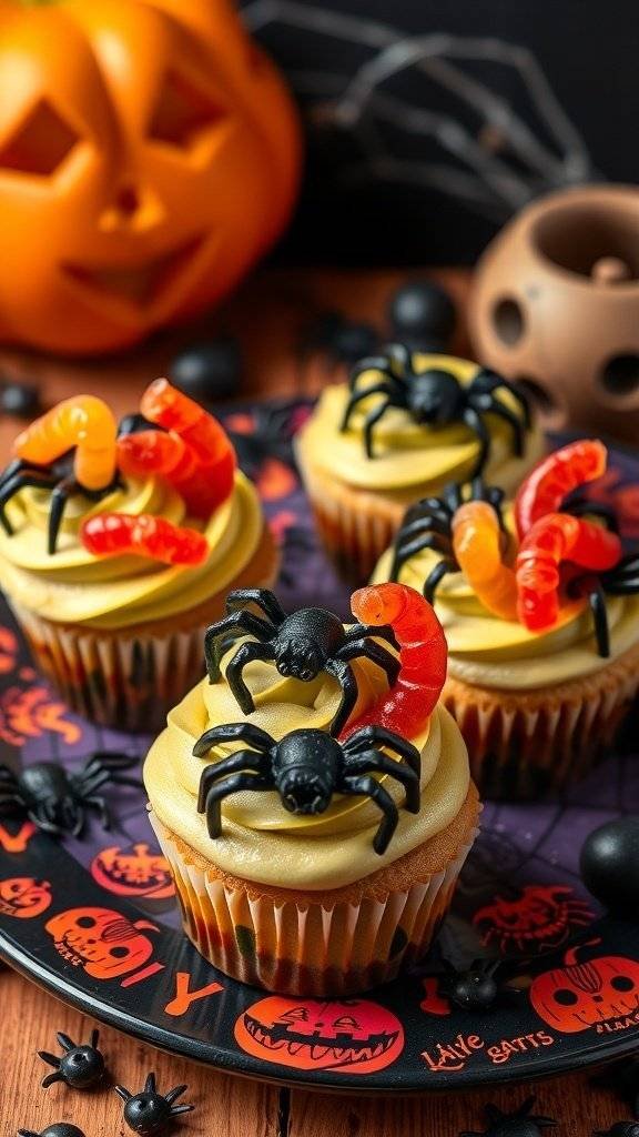 Creepy Crawly Cupcakes decorated with gummy worms and plastic spiders for Halloween