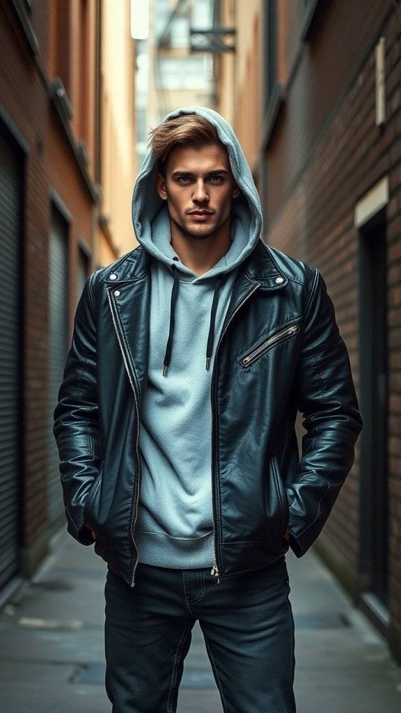 A young man wearing a gray hoodie under a black leather jacket, standing in a narrow alleyway.