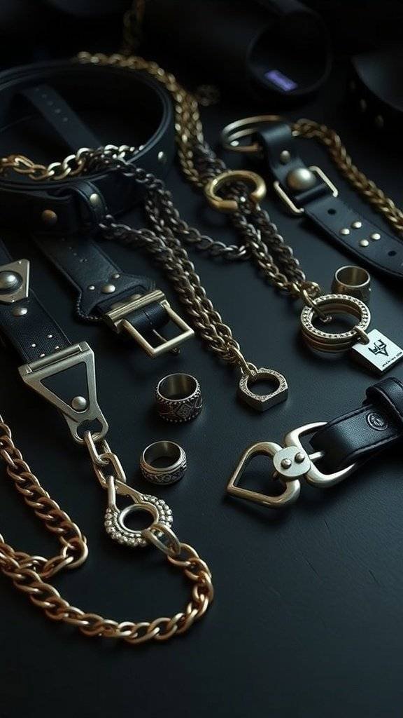 An assortment of moody accessories including chains, leather belts, and rings on a dark surface.