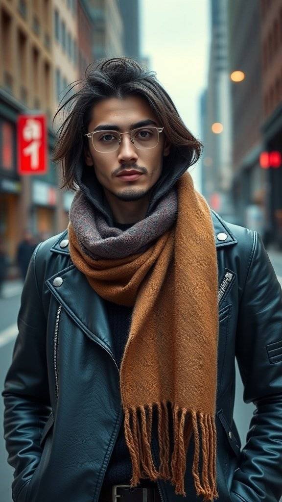 A stylish individual wearing a leather jacket and a wool scarf, embodying Gotham Street Style.