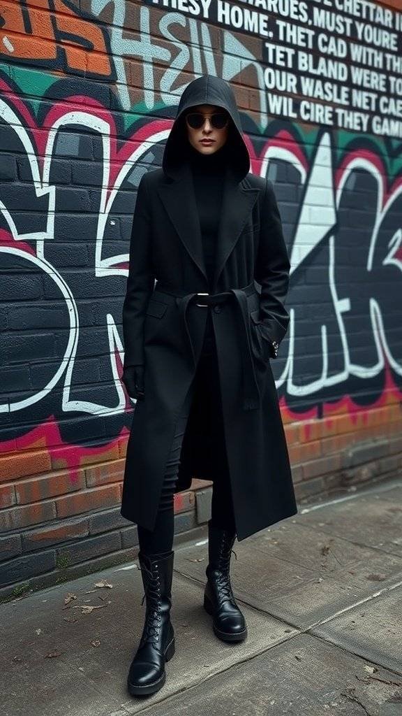 A person in an all-black outfit with a long coat, turtleneck, and boots, standing against a colorful graffiti wall.