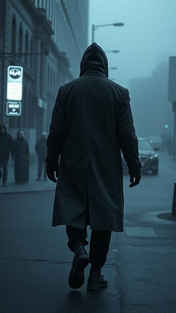 A figure in a long, dark oversized coat walking down a foggy Gotham street, embodying mystery and style.