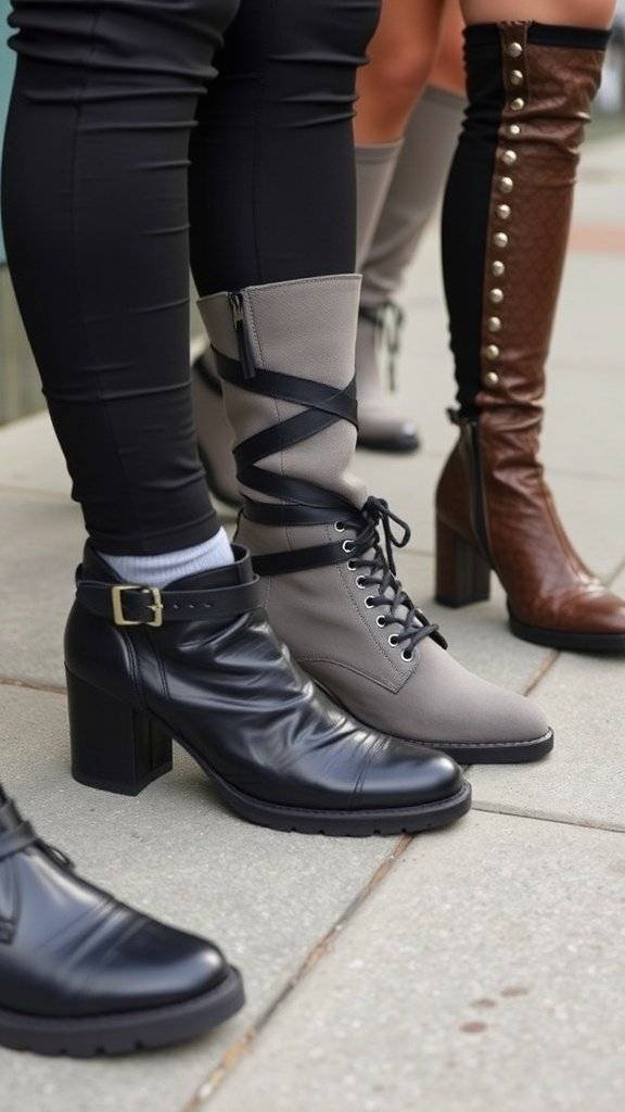 A collection of black boots, including ankle and knee-high styles, displayed on a city street.