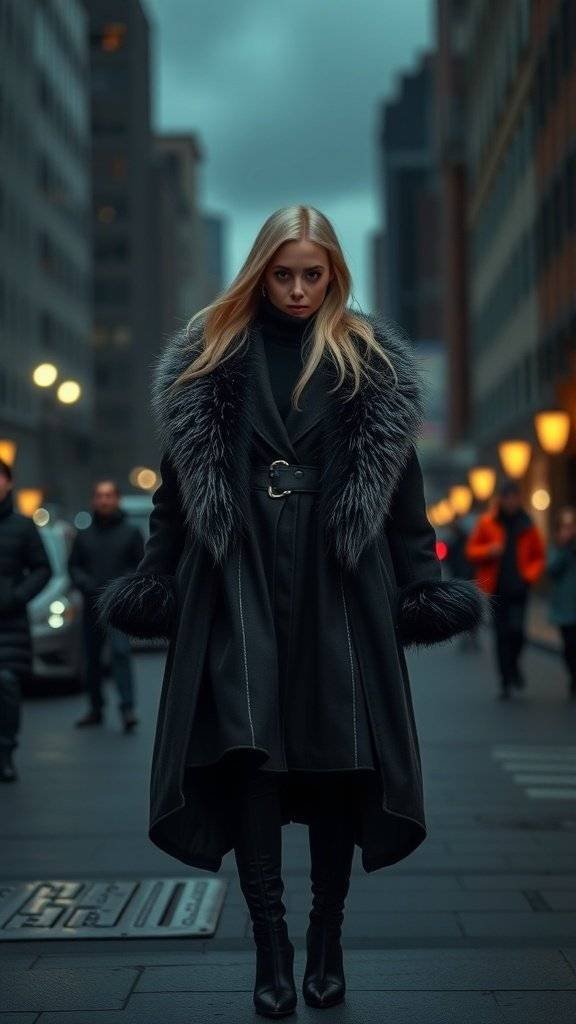 A woman wearing a classy Gotham style coat.