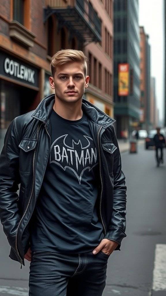 A young man wearing a Batman graphic tee and a leather jacket, standing on a Gotham street.
