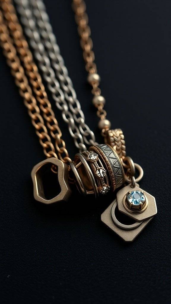 A collection of layered necklaces in gold, silver, and bronze with various charms and textures.