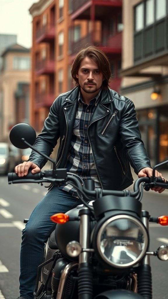 A person in a leather jacket and plaid shirt sitting on a motorcycle in an urban setting.