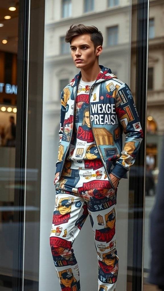 A mannequin in a store window wearing a colorful graphic print outfit, featuring a jacket and leggings with bold designs.