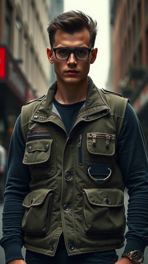 A stylish individual in a utility vest on a Gotham street.