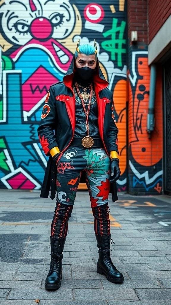 A person in a black and red leather jacket with blue hair stands in front of colorful street art, showcasing an edgy urban outfit.