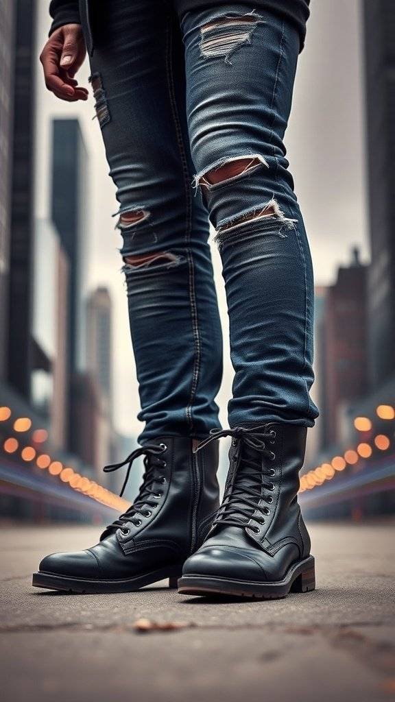 Close-up of distressed denim jeans and black boots on a city street