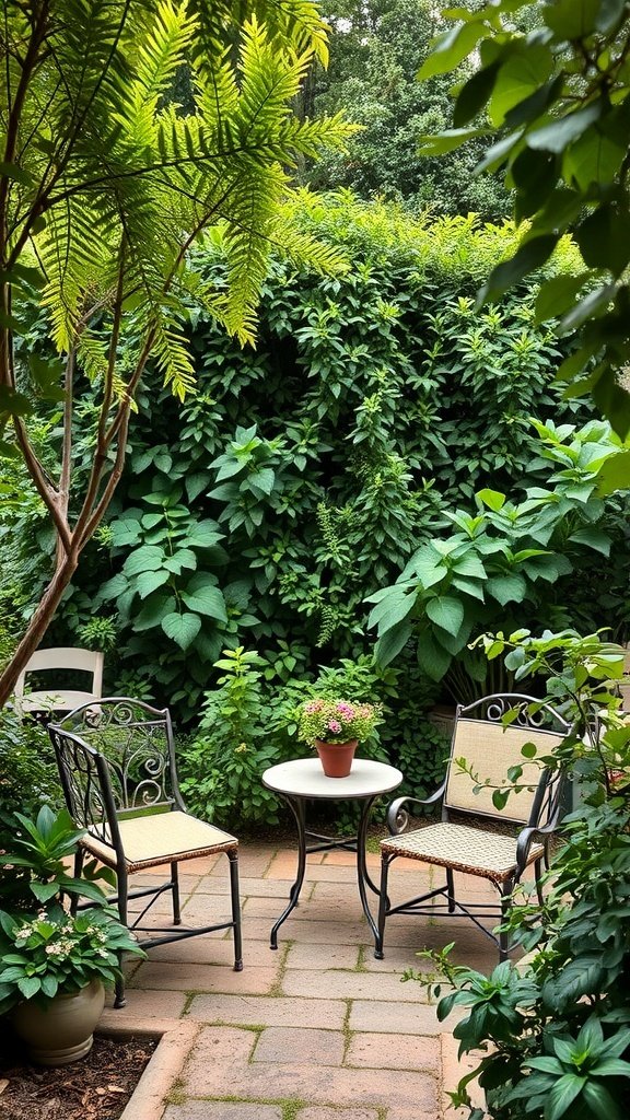 A cozy garden seating area with two chairs and a small table surrounded by lush greenery.