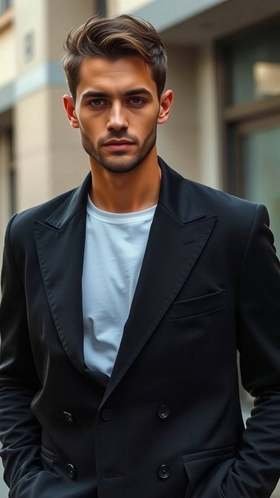 A headless mannequin dressed in a sleek black suit and leather shoes, showcasing minimalist edginess.