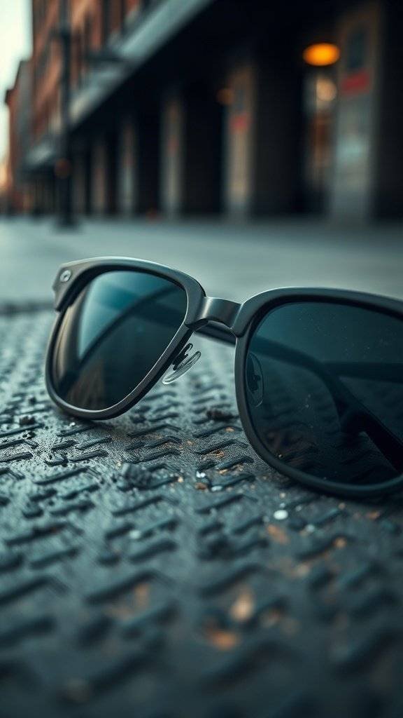 A pair of edgy sunglasses on a textured surface, reflecting the urban style of Gotham.
