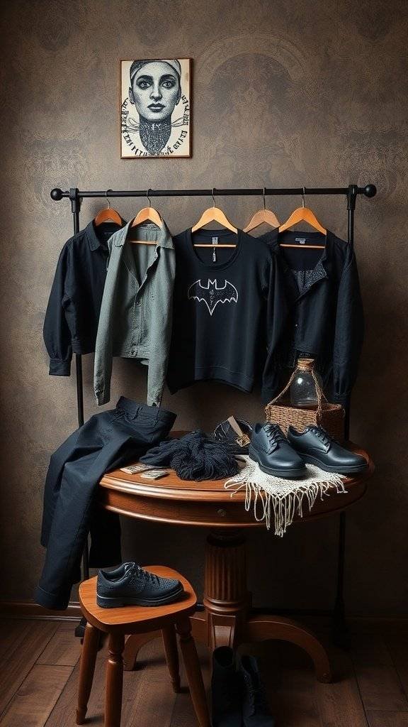 A collection of thrifted edgy clothing items displayed on a wooden table, featuring dark shirts, pants, and shoes.