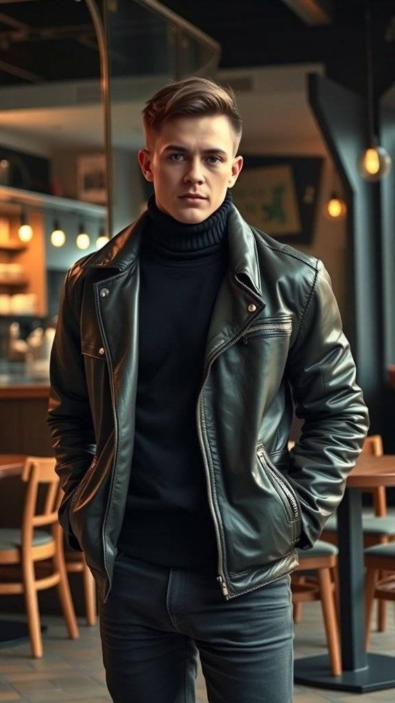 A man wearing a black turtleneck and leather jacket.