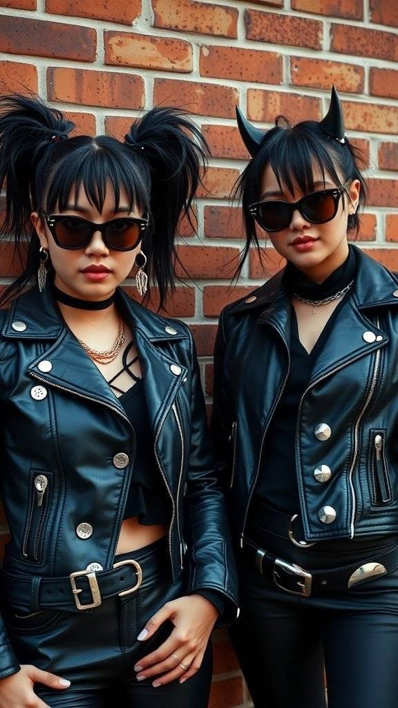 Two individuals in leather jackets with studs and spikes, showcasing punk style.