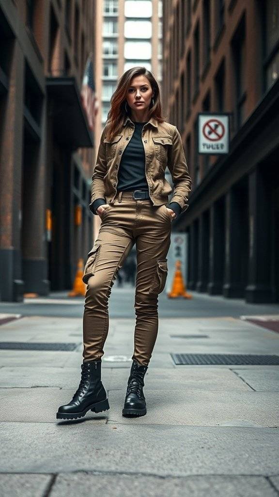 A person wearing khaki combat trousers, a black top, and a matching jacket, standing confidently in an urban alley.