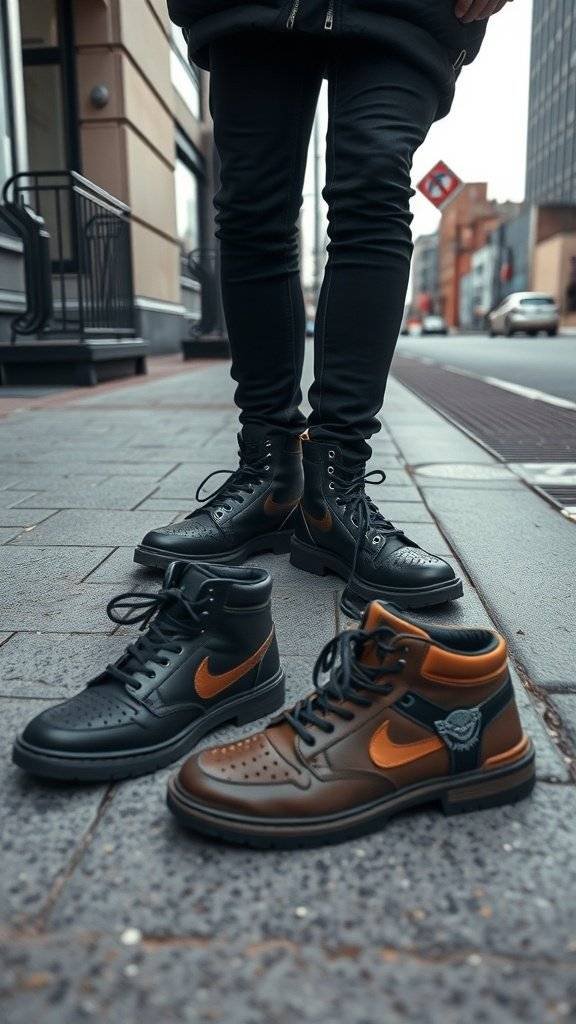 A selection of edgy footwear including black high-top sneakers and combat boots, showcasing Gotham Street Style.