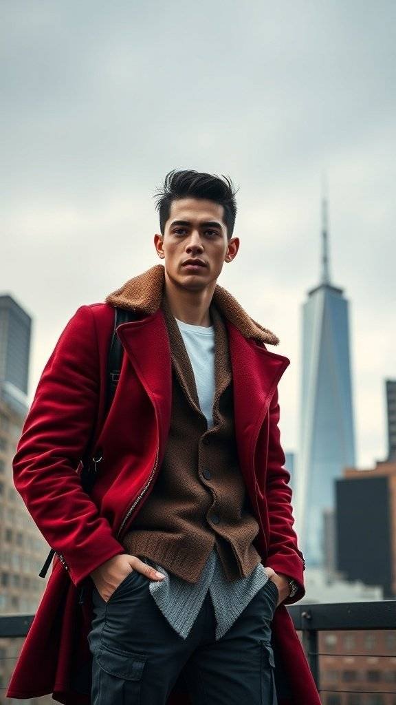 A stylish man in a red coat and brown cardigan stands against a city skyline, showcasing layered outerwear.