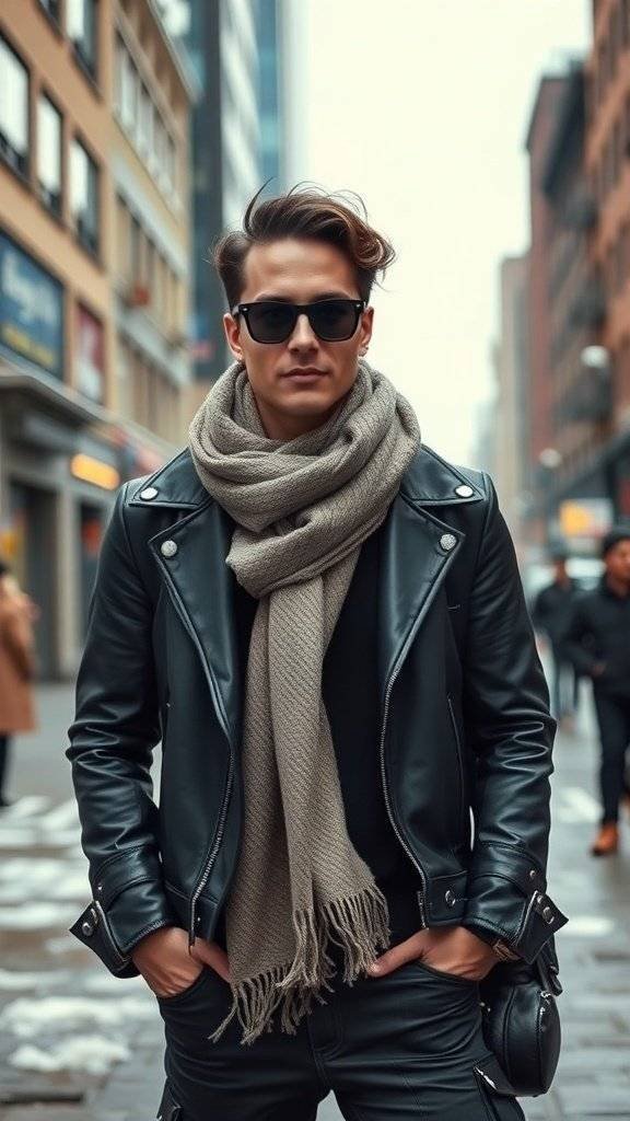 A stylish man in a leather jacket and scarf stands confidently on a Gotham street.