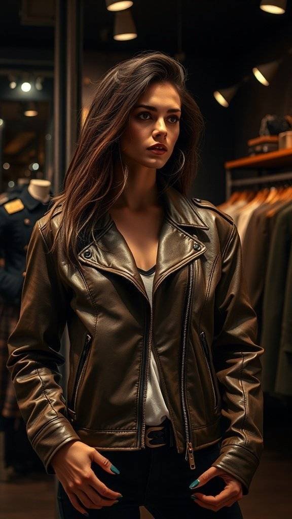 A vintage brown leather jacket displayed on a mannequin in a stylish store.