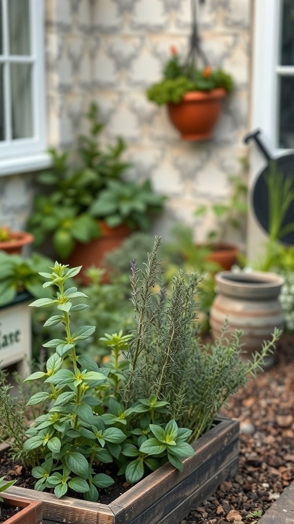 A vibrant herb garden featuring various herbs in a wooden planter, set against a charming home backdrop.