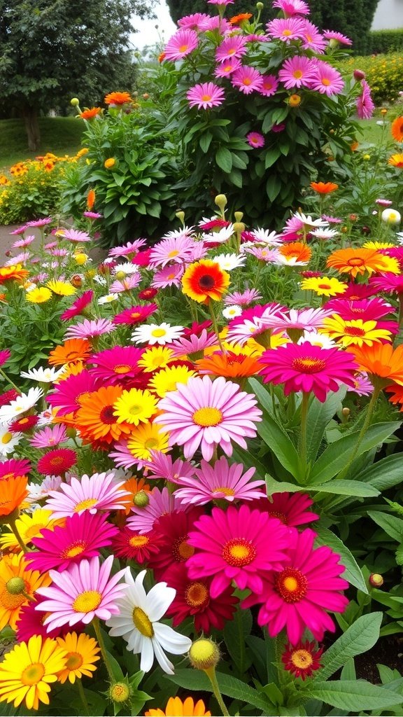 A colorful garden scene with flowers and a planting calendar, inspired by the 1920s.