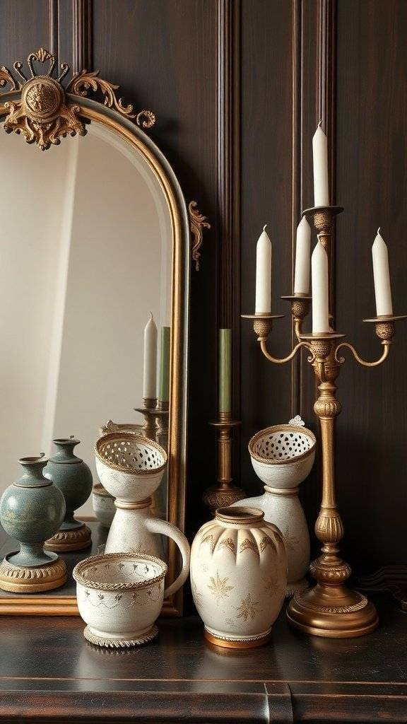 A collection of vintage decor items including vases and a candle holder, set against a dark wooden background with a mirror reflecting the scene.
