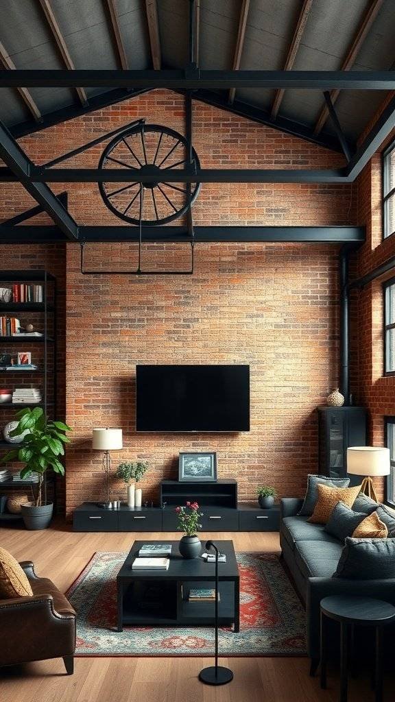 A stylish industrial living room with exposed brick walls, metal beams, and dark furniture.