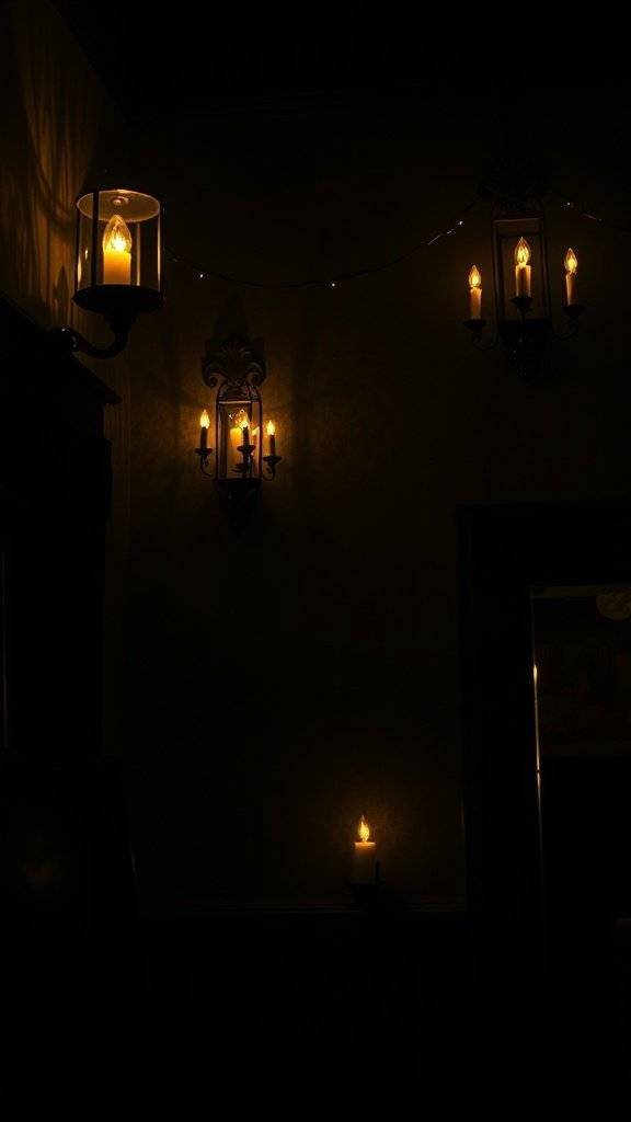 Dimly lit room with candles and wall sconces creating an eerie atmosphere