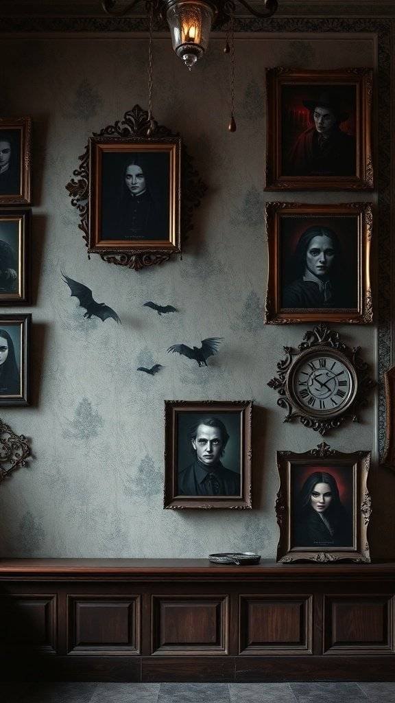A wall in a dimly lit room with dark portraits in ornate frames, bats on the wall, and a vintage clock.