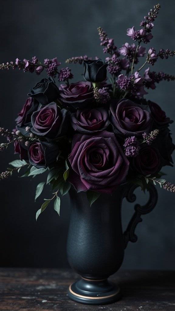 A dark floral arrangement featuring black and deep purple roses in a vintage vase.