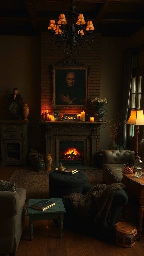 A cozy living room with dark lighting, featuring a fireplace, candles, and vintage décor.