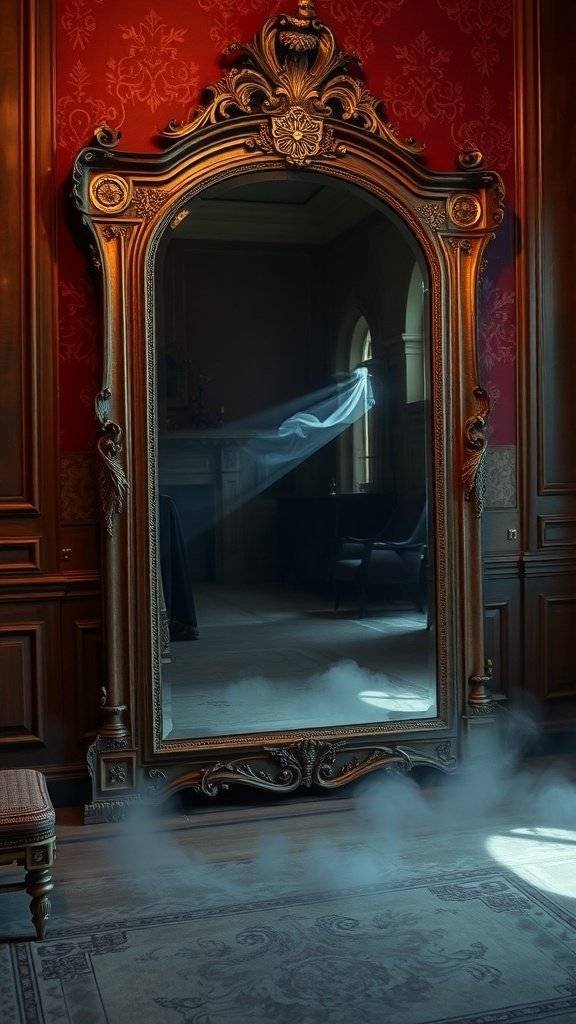 An ornate mirror in a dimly lit room with fog and a ghostly reflection.