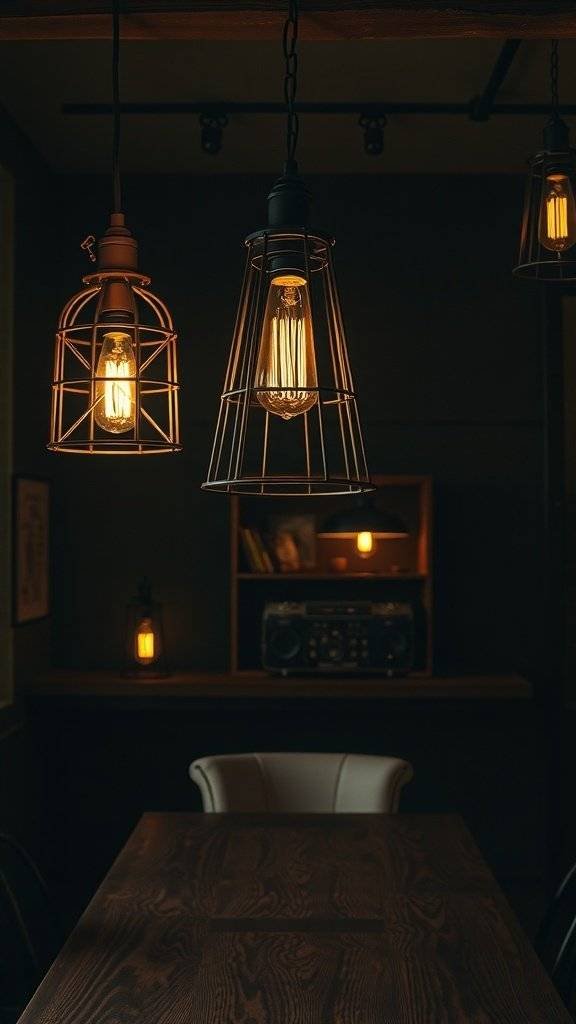 A pendant light with an exposed bulb against a dark background